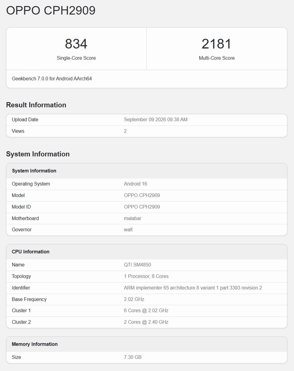Oppo A7 Pro Max 5G Geekbench listing