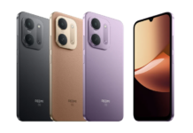 Three Redmi 17C 5G smartphones shown in black, gold, and purple color options.