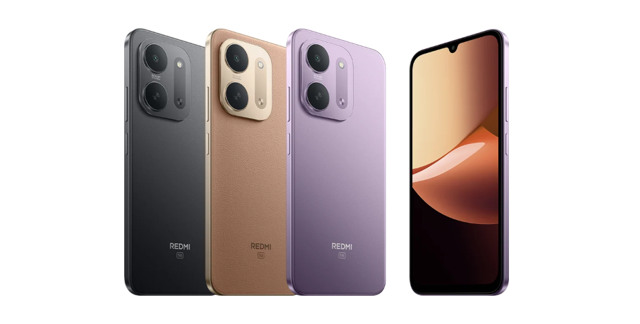 Three Redmi 17C 5G smartphones shown in black, gold, and purple color options.