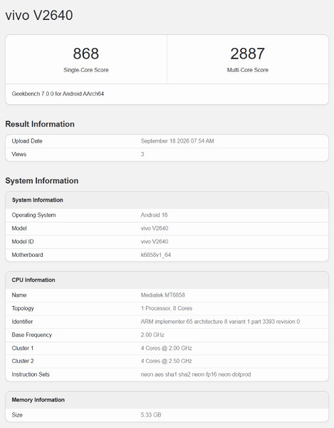 Vivo V2 FE Geekbench