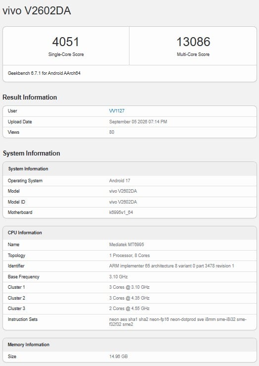 Vivo X500 Pro Max Geekbench-