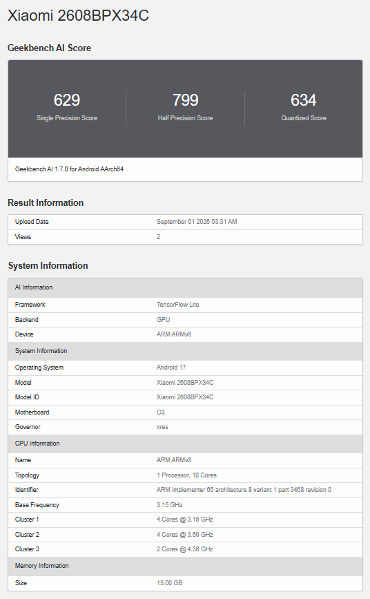 Xiaomi 18 Fold Geekbench AI listing