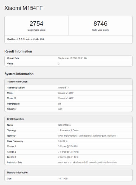 Xiaomi 18 Pro Chinese Geekbench