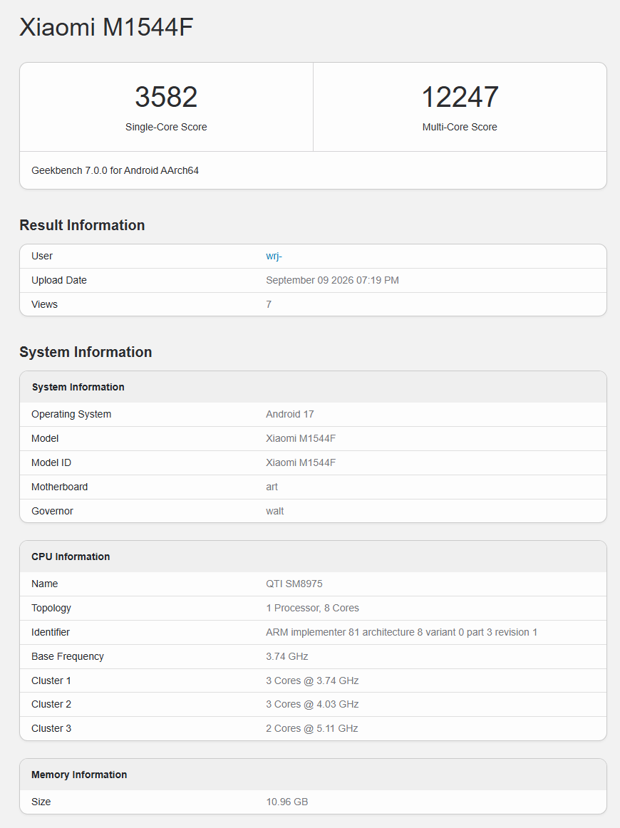 Xiaomi 18 Pro Max Geekbench 7