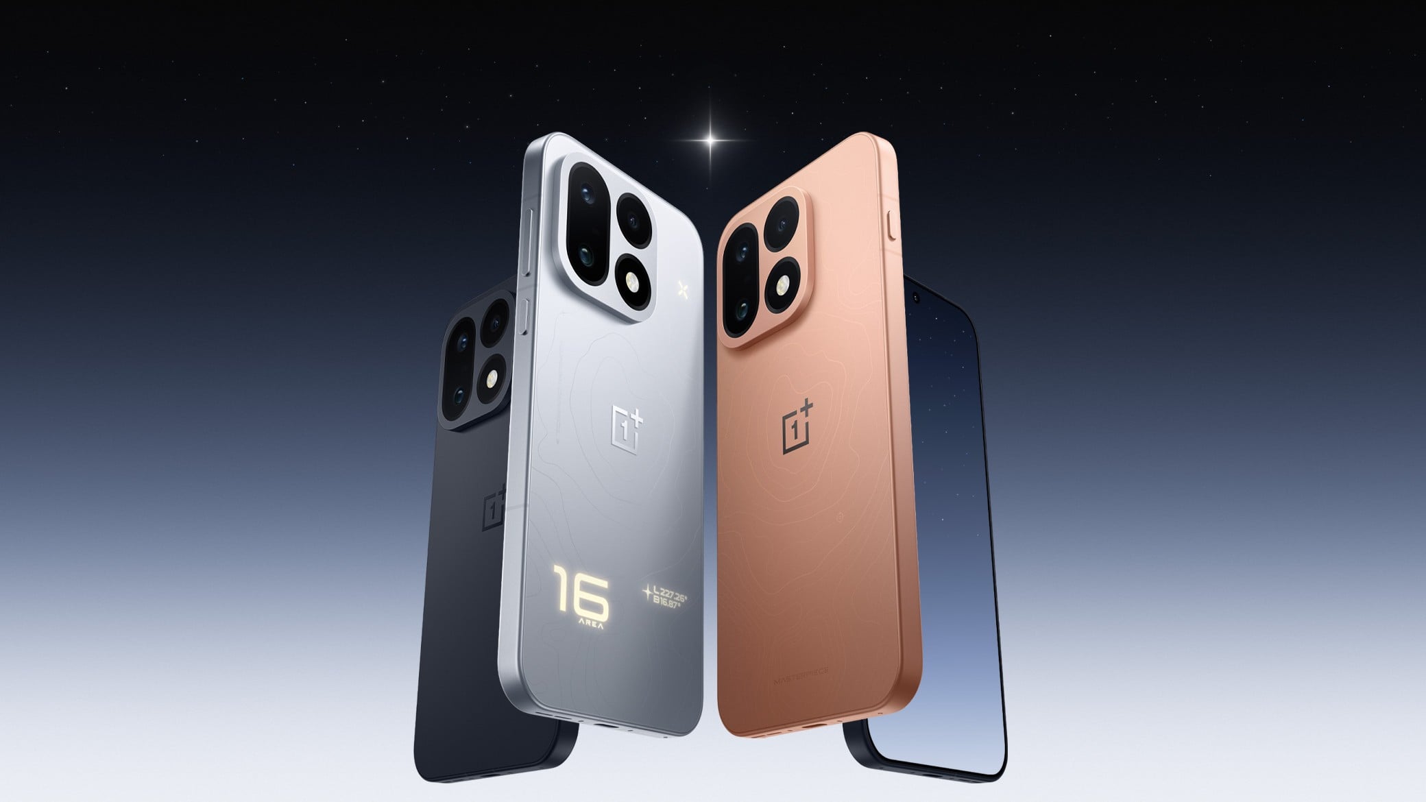 Three OnePlus 16 smartphones in black, silver, and copper colors floating against a dark background.