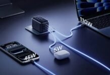 Baseus EnerGeek GH21 160W GaN charger launched with three USB-C ports, 1.8-inch display, 12,500 RPM cooling fan Baseus EnerGeek GH21 charger powering a laptop, smartphone, and earbuds with indicated wattage.