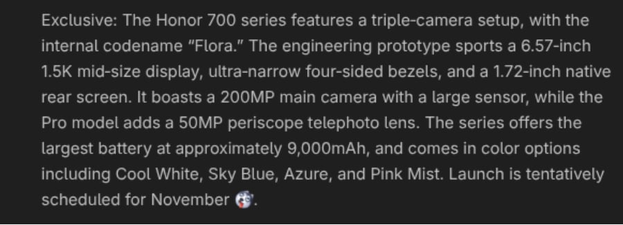 Honor 700 Pro series color and camera leak