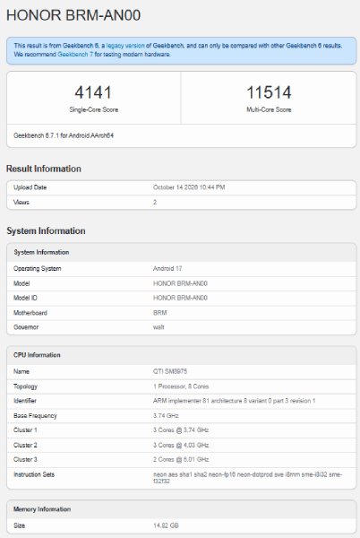 Honor Win 2 Geekbench