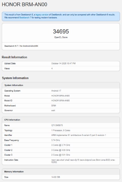 Honor Win 2 OpenCL benchmark