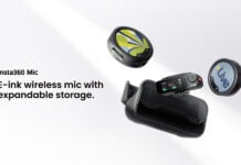 Insta360 wireless microphone transmitters with customizable E-Ink displays floating above a charging case.