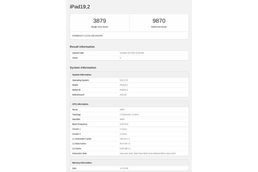 OLED iPad Mini 2026 Geekbench