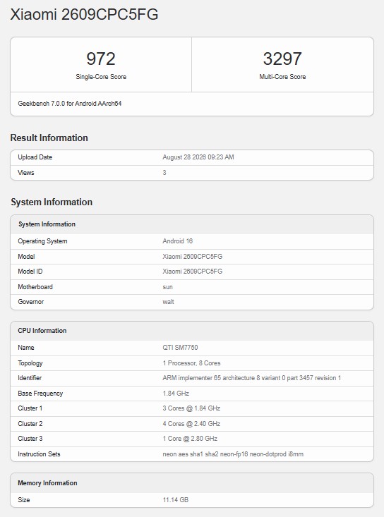 Poco X8s Geebench