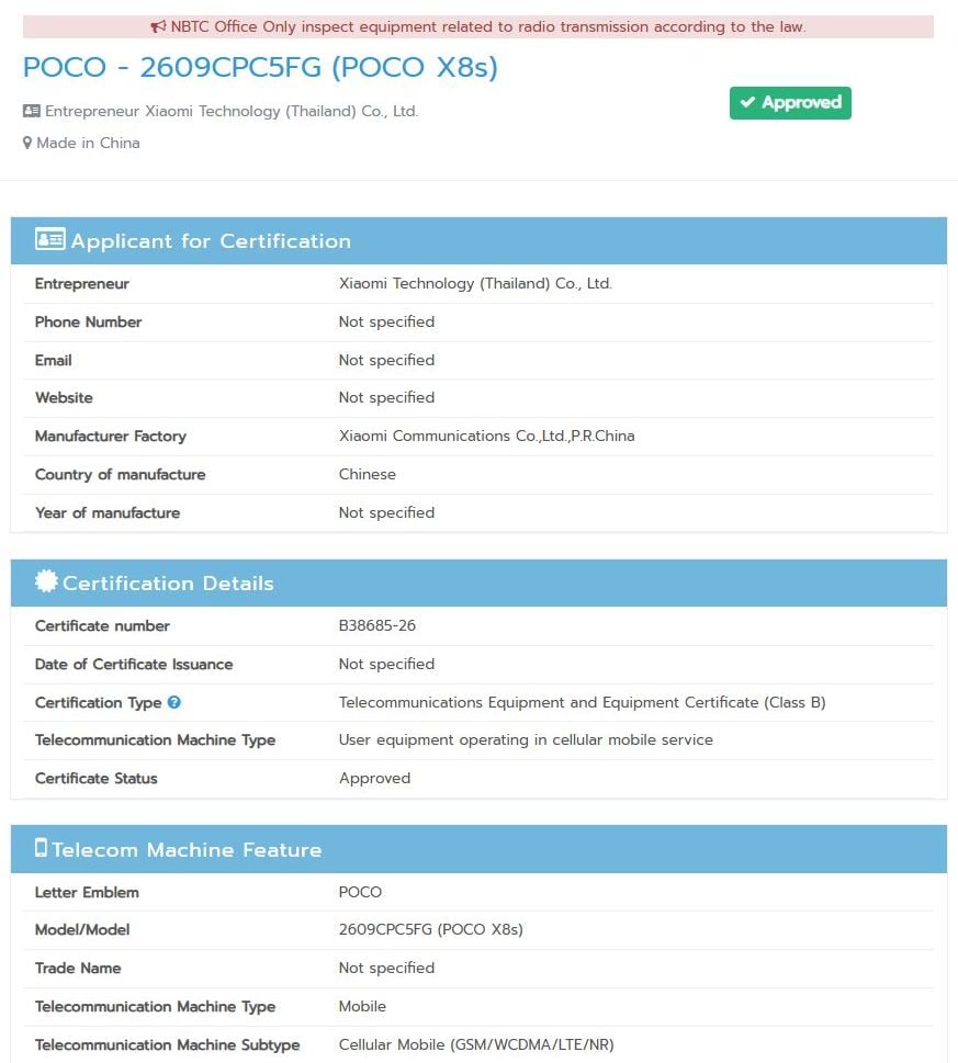Poco X8s NBTC listing