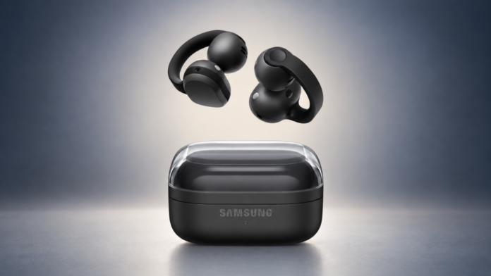 Black Samsung Galaxy Buds floating above their charging case against a gray background.
