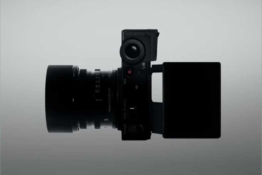 Top-down view of the compact Sigma FP2 camera body with a lens attached.