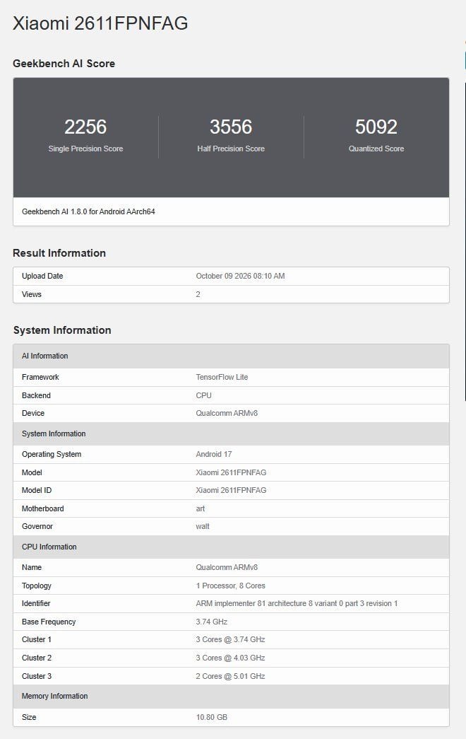 XXIaomi 18 Pro Max Geekbench AI