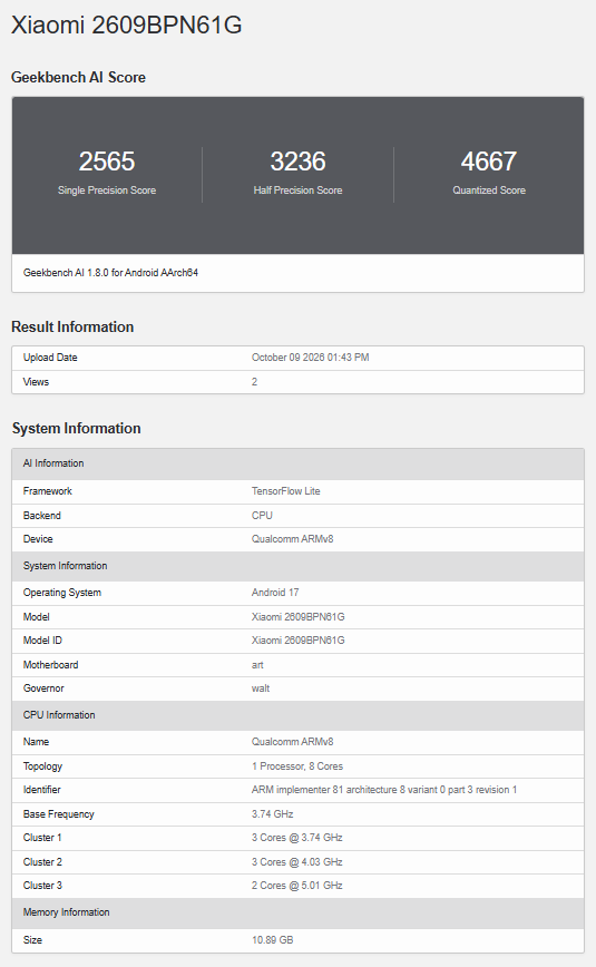 Xiaomi 18 Pro Geekbench AI