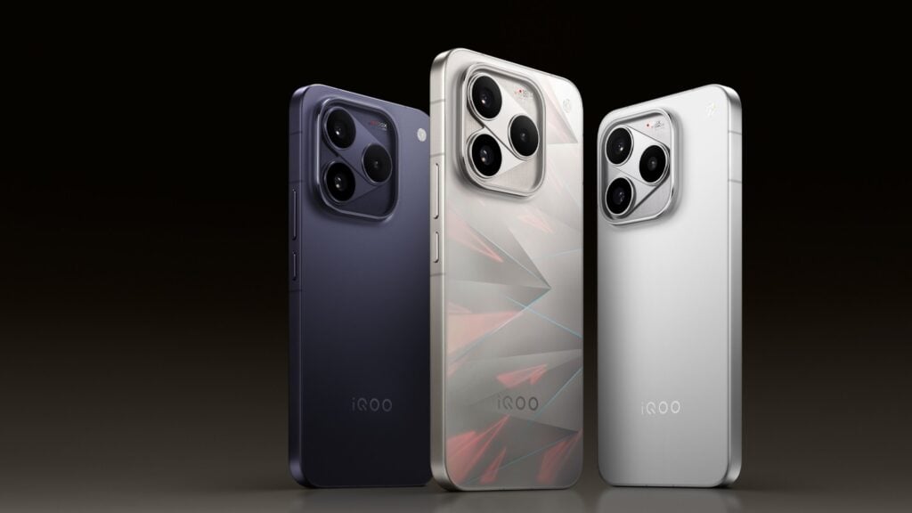 Three iQOO 16 smartphones displayed in different colors against a dark background.
