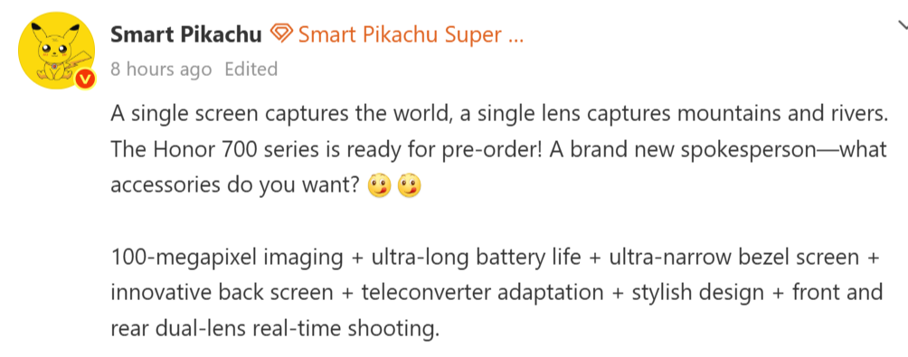 Social media post by Smart Pikachu detailing features of the upcoming Honor 700 series.