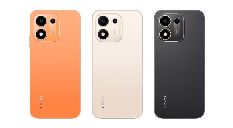 Three Honor X8e 4G smartphones shown in orange, beige, and black color options.