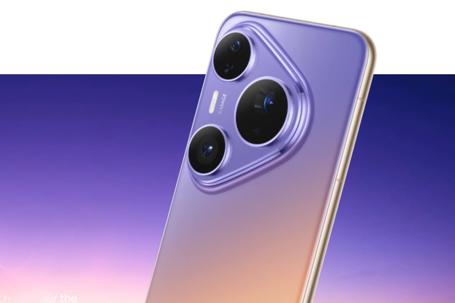 The purple Huawei Pura 90 Plus smartphone shows its unique triangular rear camera module.