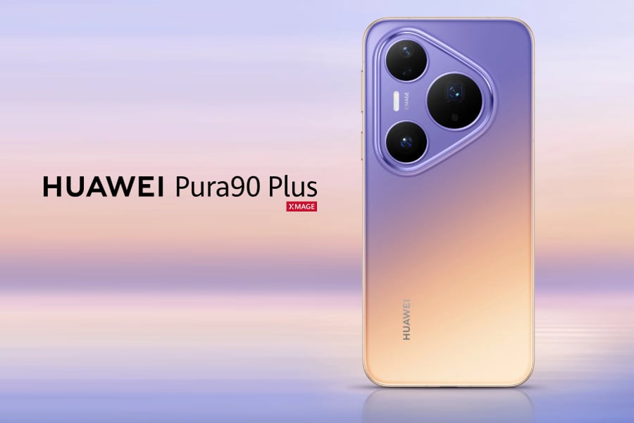 Sunset purple Huawei Pura 90 Plus smartphone showing the rear camera module and gradient finish.