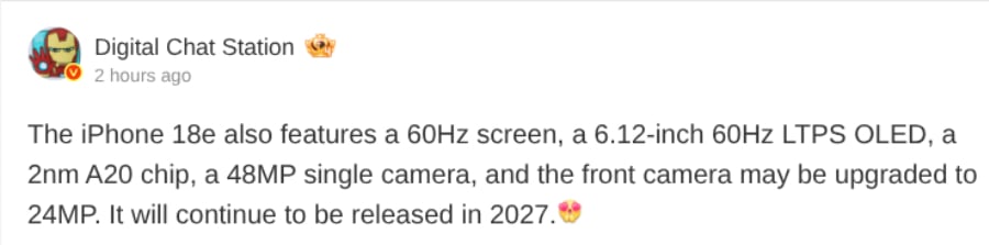 iPhone 18e Specs Leak