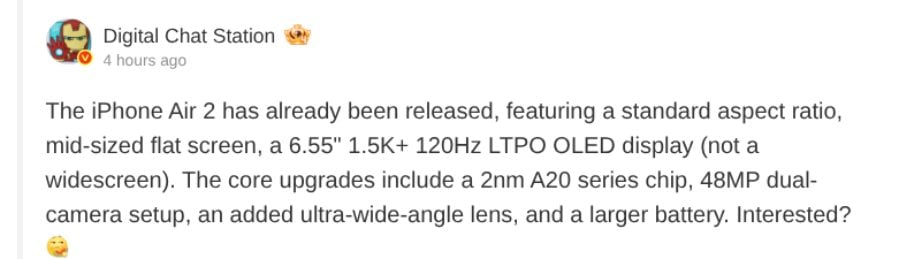 iPhone Air 2 Specs Leak