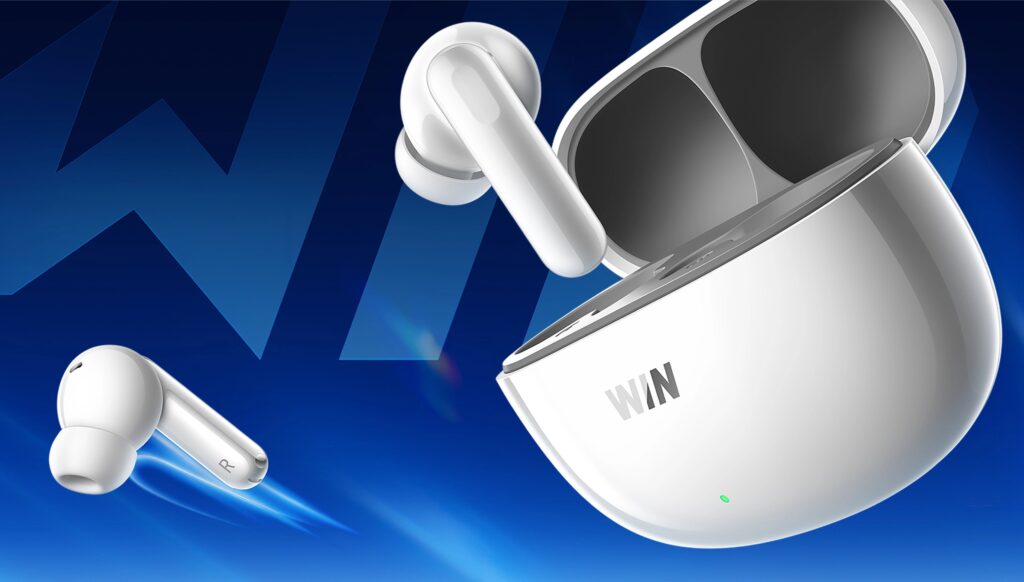 White Honor Win Earphones and their charging case displayed against a blue background.