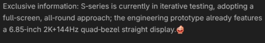 Text from a social media post detailing specifications for a new Vivo smartphone prototype.