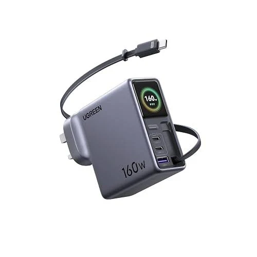 UGREEN Nexode Pro 160W wall charger featuring a built-in retractable USB-C charging cable