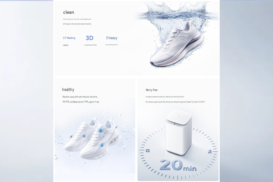 Promotional graphic showing the Mijia Shoe Washer features, cleaning performance, and quick wash cycle.